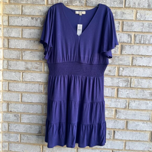 Loft Short Sleeve V-Neck Tiered Purple Dress Women's Size L - Picture 1 of 9